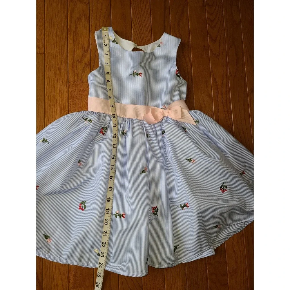 Zunie Sleeveless Floral Embroidered Petticoat Blue Stripe Pinstripe‎ Dress Sz 5